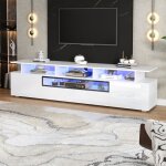 Meuble tv bas avec led et rangement 1 tiroir 2 portes 10 tagres finition laque brillante acryl + pb ...