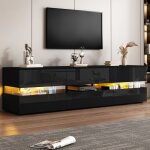 Meuble tv bas moderne noir laqu� 160 cm avec led banc tv design avec portes push et rangement pour salon ...