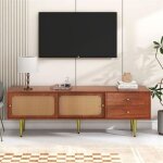 Meuble tv bas en rotin pour téléviseur de 70 avec 2 portes coulissantes 2 tiroirs et 4 casiers noyer ... Meuble tv bas en rotin pour téléviseur de 70 avec 2 portes coulissantes 2 tiroirs et 4 casiers noyer ...