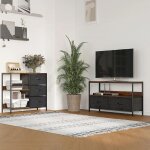 Meuble tv bas sur pieds style industriel 2 tiroirs tissu gris mdf marron rustique et métal noir Meuble tv bas sur pieds style industriel 2 tiroirs tissu gris mdf marron rustique et métal noir