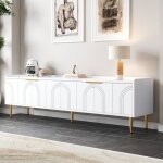 Meuble tv blanc 170 x 35 x 47. 5 cm - 4 portes - table television salon avec et pieds dor�s - meuble ...