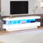 Meuble tv blanc avec 3 compartiments en verre et clairage led ? meuble bas 160x38x505 cm pour tv jusqu? ...