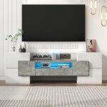 Meuble tv - langtu - lowboard 145 cm - blanc brillant et b�ton - 6 portes 2 tiroirs - �clairage led