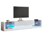 Meuble tv blanc brillant de 181 cm de long pour tv jusqu� 80 pouces - 181 x 38 x 38 cm - �clairage led ...