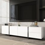 Meuble tv blanc brillant avec pieds noirs buffet bas moderne  portes et tiroirs pour un rangement salon ...