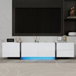Meuble tv blanc brillant avec pieds noirs buffet bas moderne  portes et tiroirs pour salon