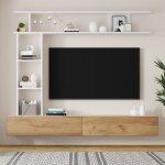 Meuble tv - blanc + chne - 180x35x225cm - 2 portes - tagres murales