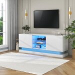 Meuble tv blanc d�poli avec charni�res silencieuses 2 portes �tag�re en verre r�glable meuble de salon ...