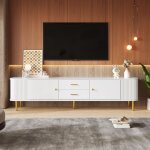 Meuble tv blanc elgant 2 tiroirs2 portes coins incurvs poignes et pieds dors armoire tv moderne 170x34x45c ...