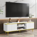 Meuble tv blanc el�gant - finition marbre - pieds dor�s - 2 portes + etag�re ouverte - bordure dor�e ...