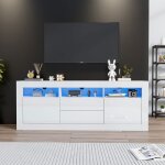 Meuble tv blanc haut brillant avec eclairage led 2 portes 2 tiroirs compartiments armoire tv blanc#160 ...