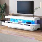 Meuble tv blanc laqu brillant avec 3 tagres en verre clairage led 3 tiroirs meuble de salon 160 x ...