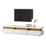 Meuble tv blanc lowboard moderne aspect marbre de 200 cm de long avec 3 tiroirs - pour t�l�viseurs jusqu� ...