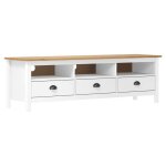 Meuble tv blanc et marron miel 158x40x47 cm bois de pin massif meuble hifi design rtro armoire stro ...