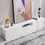 Meuble tv blanc moderne 170 l x 37 b x 42 h (cm) mdf avec tiroirs et compartiment de rangement ouvert ...