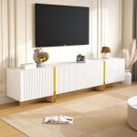 Meuble tv blanc + or + masse en bois - meuble tv �l�gant avec 3 portes et 2 tiroirs rangement pratique ...