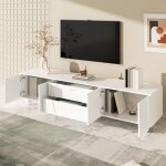 Meuble tv blanc avec rangements en panneau de particules et pieds en bois ? style scandinave