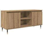 Meuble tv en bois ding�nierie - vidaxl - ch�ne artisanal - 104x35x50 cm - 2 portes - 2 �tag�res - poids ...