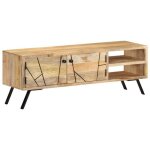 Meuble tv en bois de manguier - vidaxl - 110x30x40 cm - bois massif - beige - grand espace de rangement ...
