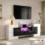 Meuble tv brillant 200 cm extra large - blanc et noir - clairage led - surface en verre - idal salon ...