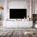 Meuble tv brillant avec accents dor�s tiroirs - bords incurv�s - blanc avec poign�es et pieds dor�s - ...