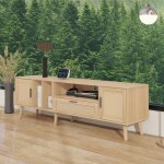 Meuble tv ch�ne 180x40x54 cm avec 2 portes et 1 tiroir meuble tv avec d�cor rotin pieds en bois massif ...