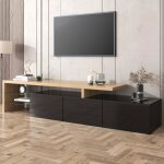 Meuble tv combin 200 cm style moderne avec 3 portes et 2 compartiments en verre banc tv led pour chambre ...