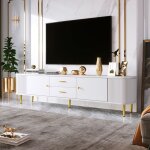 Meuble tv contemporain aux coins arrondis et pieds dor�s - meuble bas tv �l�gant en mdf solide - blanc ...