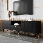 Meuble tv design 170cm noir et or buffet bas laqué avec portes à fermeture douce pieds en métal doré Meuble tv design 170cm noir et or buffet bas laqué avec portes à fermeture douce pieds en métal doré