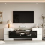Meuble tv design blanc brillant et noir 200 cm �clairage led surface en verre �l�gante