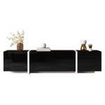 Meuble tv design contemporain brillant avec rangements portes et tiroirs pieds blancs contraste bande ...