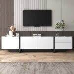 Meuble tv design pur - portes et tiroirs - panneau bas pieds lisses blancs / noirs moderne rangement ...