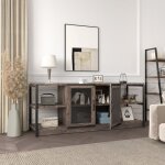 Meuble tv - design industriel - 160x46x63. 5cm - bois massif - 2 portes - gris fonc