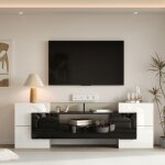 Meuble tv design moderne 200 cm panneau bas blanc et noir brillant avec clairage led et lgante surface ...