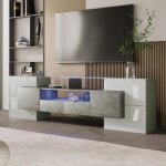 Meuble tv design moderne blanc et gris laqu� avec �clairage led et plateau en verre - meuble salon �l�gant ...