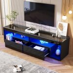Meuble tv - dreammespace - 180x40x46cm - �clairage led - 2 tiroirs - noir laqu� brillant
