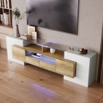 Meuble tv lgant meuble tv bas blanc brillant avec tiroirs clairage led surface en verre design moderne ...