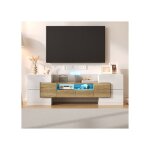 Lemonbest meuble tv blanc 145 cm meuble tv led avec rangement surface en verre �l�gante design moderne ...