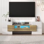 Meuble tv lgant avec clairage led armoire tv brillant surfaces en verre banc tv blanc et bois 145x30x51cm ...