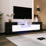 Meuble tv �l�gant panneau bas blanc laqu� et noir200 cm�clairage led surface en verre �l�gante