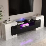 Meuble tv lgant panneau bas - blanc et noir brillant 200cm clairage led meuble de salon. design moderne. ...