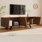 Meuble tv �l�gant avec portes ondul�es et espace rangement - mdf - noyer - pieds m�tal noir - 160x39x505cm ...
