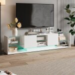 Adwolt meuble tv scandinave 200x35x45 cm blanc avec led 2 tiroirs et �tag�res en verre tremp�