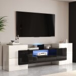 Meuble tv haut de gamme - avec led et design moderne surface en verre rangement complet - mdf - noir ...