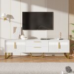 Meuble tv blanc tv banc �tag�re poign�es et pieds dor�s porte � texture grav�e 170 x 40 x 535 cm