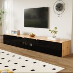 Meuble tv laqu� - avec �clairage led 16 couleurs meuble t�l� mural avec rangement mdf noir et bois 180�35�30 ...
