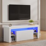 Meuble tv led 140 cm havenlyhome - banc tv moderne avec placard - etagres rglables - jusqu 65 - pour ...