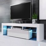 Meuble tv led - buffet de support de meuble dunit de tv - blanc brillant - 2 tagres en verre - 130x35x45cm ...