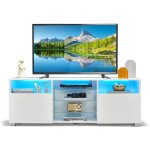 Meuble tv led - gymax - avec 2 placards tagres en verre rglables - trous de cbles - pour salon chambre ...