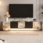 Meuble tv led noir brillant meuble tele bas avec tagres ouvertes en verre et 2 tiroirs moderne meuble ...